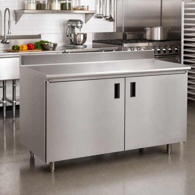 Product image #2 for Advance Tabco HK-SS-309M Enclosed Work Table with Cabinet Base, 14-Gauge 304 Stainless Steel Top, 5-Inch Backsplash, 108 x 30 Inches