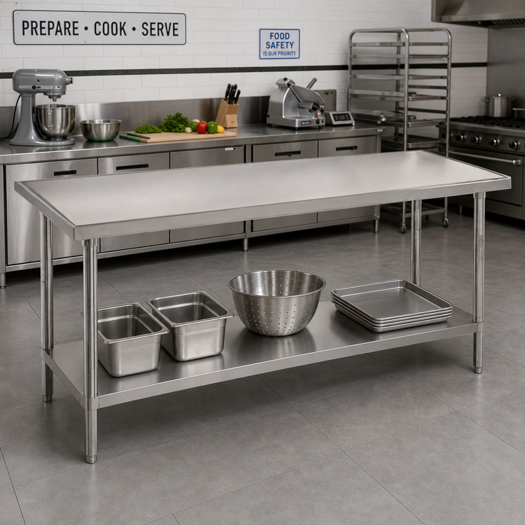 Product image #2 for Advance Tabco 144-Inch x 36-Inch 14-Gauge 304 Stainless Steel Work Table with Adjustable Undershelf and Countertop Non-Drip Edge