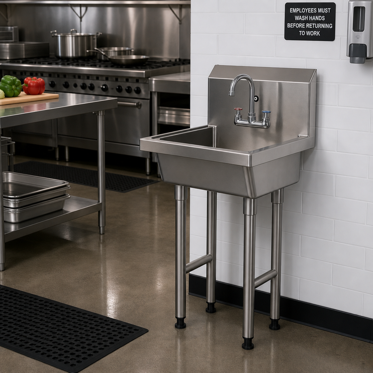 Product image #2 for BK Resources Single Station Freestanding Stainless Steel Handwash Sink, 24-Inch, Faucet Hole, Basket Drain