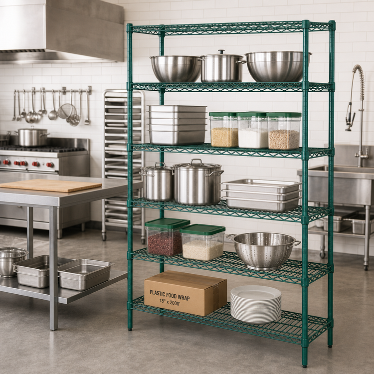 Product image #2 for Quantum 60W x 36D x 86H 5-Shelf Wire Shelving Starter Kit, Stationary, Green Epoxy Antimicrobial Finish