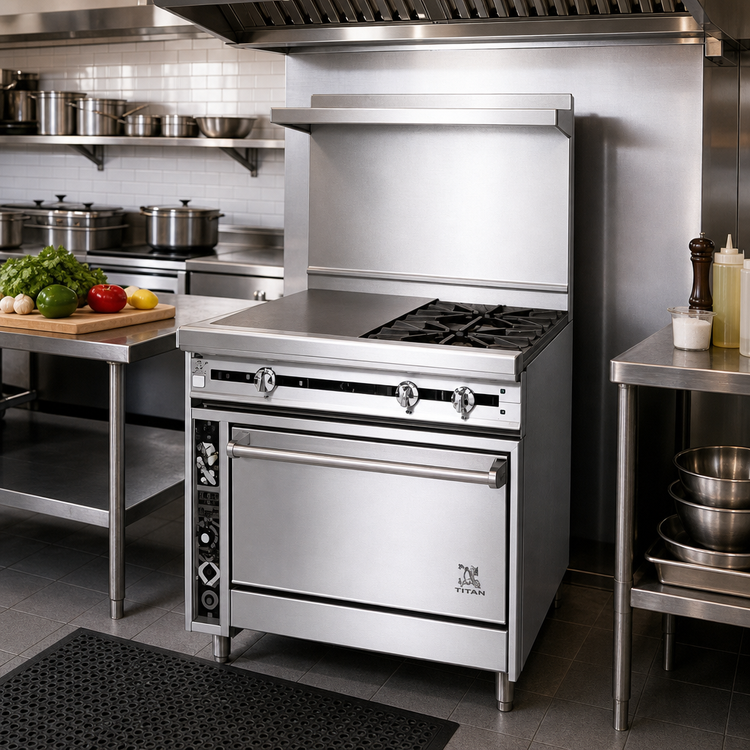 Product image #2 for Titan JTRH-18G-2-36 36-Inch Heavy Duty Gas Range with Two 18-Inch Open Burners, 18-Inch Griddle, and Standard Oven