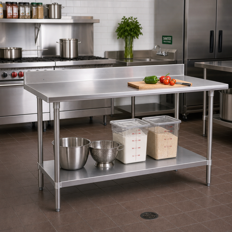 Product image #2 for Advance Tabco 108" x 24" 16-Gauge Stainless Steel Work Table with 5" Backsplash and Adjustable Undershelf