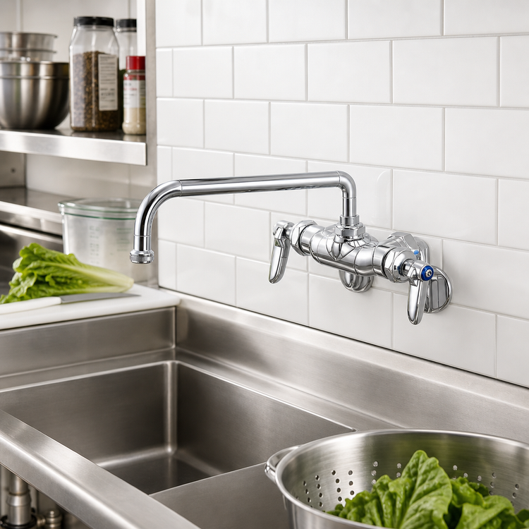Product image #2 for T&S Brass Wall-Mount Double Pantry Mixing Faucet with 12-Inch Swing Nozzle and Cerama Cartridges