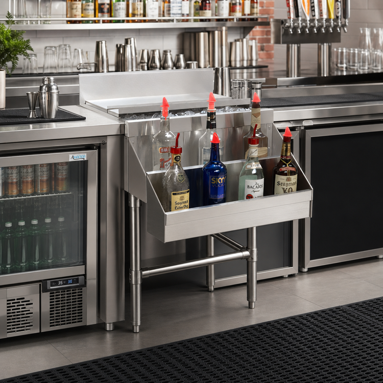 Product image #2 for Advance Tabco Underbar Basics Add-On Speed Rail, Single-Tier, 36 Inch Wide, Hang-On, Stainless Steel, 9-10 Bottle Capacity