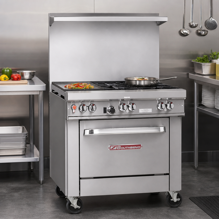 Product image #2 for Southbend Ultimate 36-Inch Gas Restaurant Range with 4 Burners, 12-Inch Left Griddle, and Convection Oven