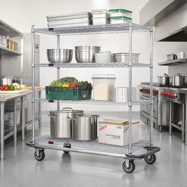 Product image #2 for 4-Tier Chrome Wire Dolly Truck Shelving Unit with 48 x 18 Inch Shelves