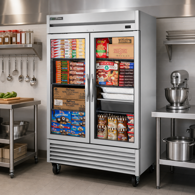 Product image #2 for True Two-Section Reach-In Display Freezer with Framed Glass Doors, Self-Contained Bottom Mount