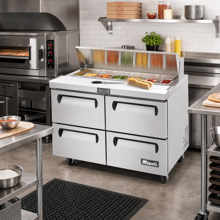 Product image #3 for Migali Competitor Series 67-Inch 4-Drawer Pizza Prep Table with Self-Contained Side-Mount Refrigeration