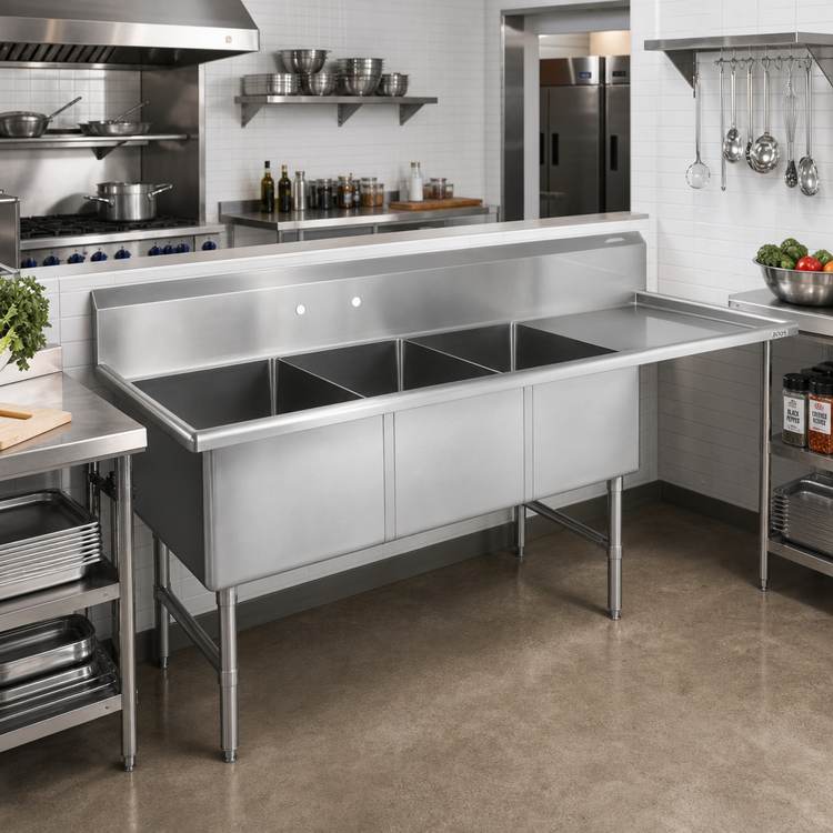 Product image #2 for John Boos B Series 3-Compartment Sink with Right Drainboard, 100-3/16 in. W x 29-1/2 in. D x 44 in. H, 16-Gauge Stainless Steel