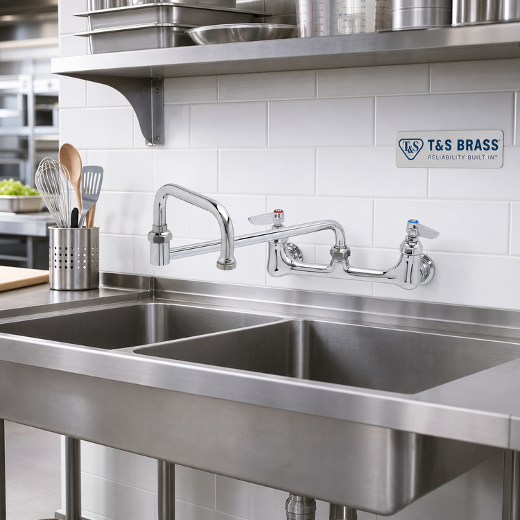Product image #2 for T&S Brass Wall-Mount Swivel Pantry Sink Mixing Faucet with 12-Inch Double Joint Swing Nozzle, 8-Inch Centers