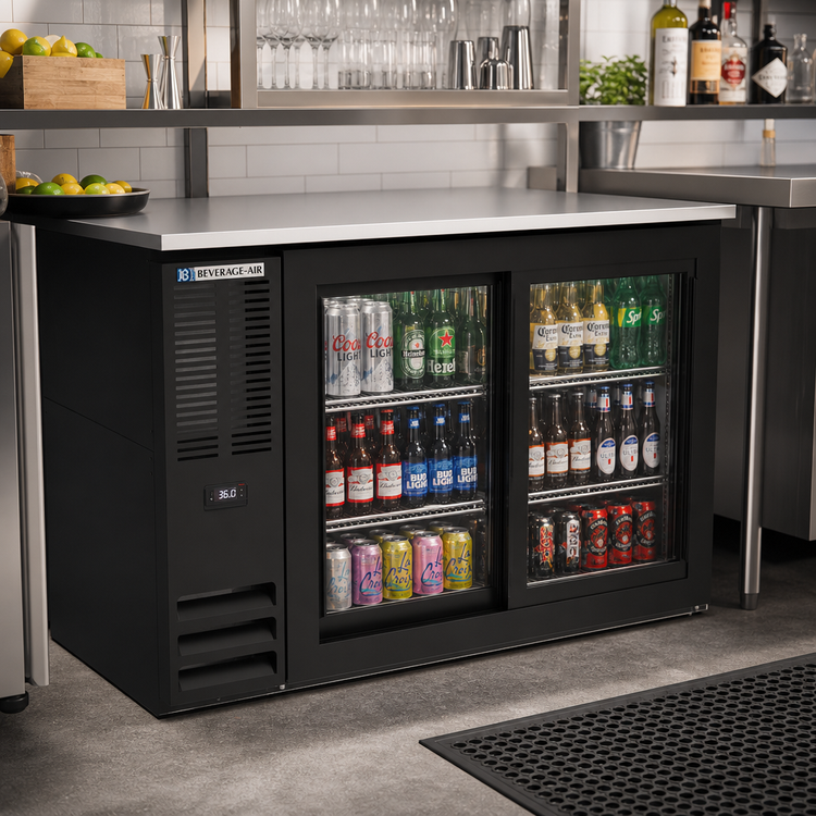Product image #2 for Beverage-Air 48-Inch Two-Section Refrigerated Back Bar Storage Cabinet with Sliding Glass Doors, 15.1 Cu. Ft., Stainless Steel Top, Black Exterior