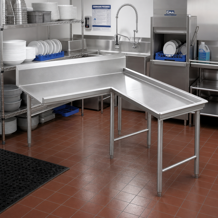 Product image #2 for Advance Tabco L-Shaped Island Clean Dish Table, Right-Side Attachment, 59 Inch, 14 Gauge 304 Stainless Steel