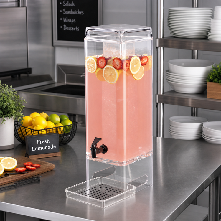 Product image #2 for Cal-Mil 5-Gallon Square Clear Acrylic Beverage Dispenser with Drip Tray and Integrated Handles