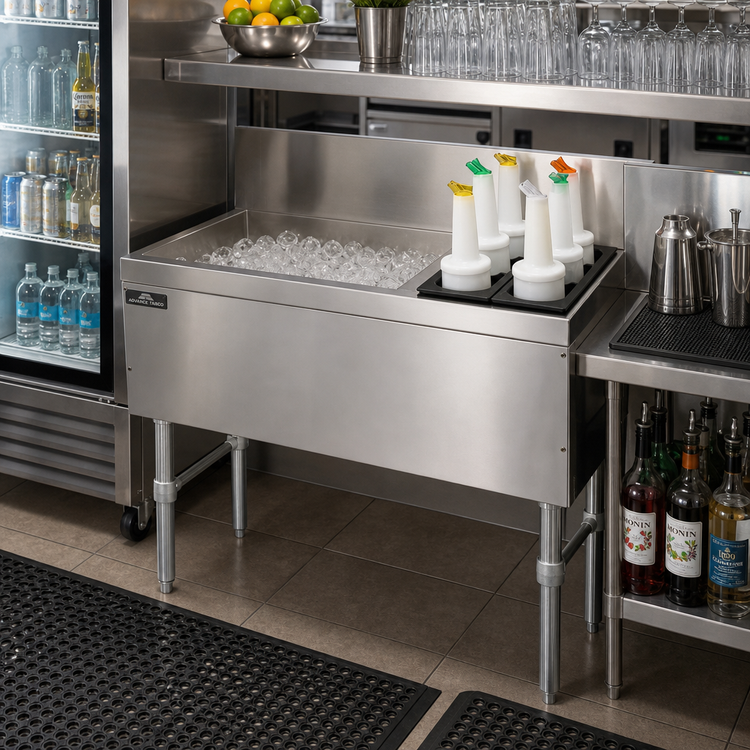 Product image #2 for Advance Tabco Prestige Stainless Steel Underbar Ice Chest with Right-Side Bottle Storage Rack