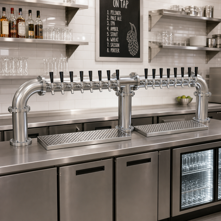 Product image #2 for Glastender 16-Faucet Glycol-Cooled 3-Column Pipe Bridge Draft Dispensing Tower, Countertop, Stainless Steel