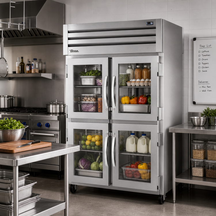 Product image #2 for True SPEC SERIES 2-Section Pass-Thru Reach-In Refrigerator with 4 Front Glass Half Doors and 2 Rear Stainless Steel Doors