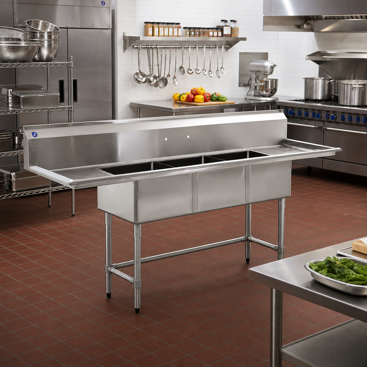 Product image #2 for BlendPort® Floor Model Three-Compartment Stainless Steel Sink with Right-Hand 24-Inch Drainboard, 24 x 24 Bowls