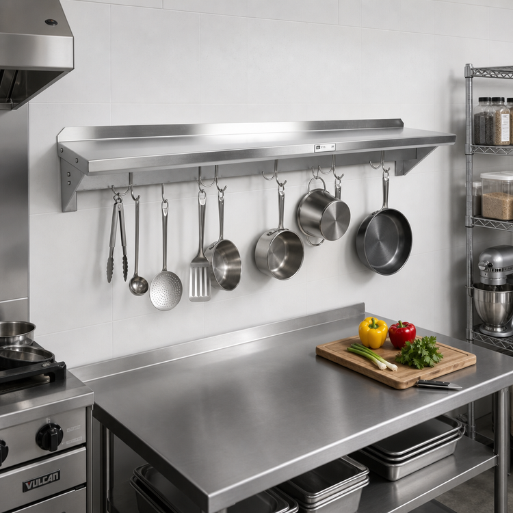 Product image #2 for John Boos Stallion 108-Inch Wall-Mount Stainless Steel Pot Rack Shelf with 9 Hooks, 16 Gauge