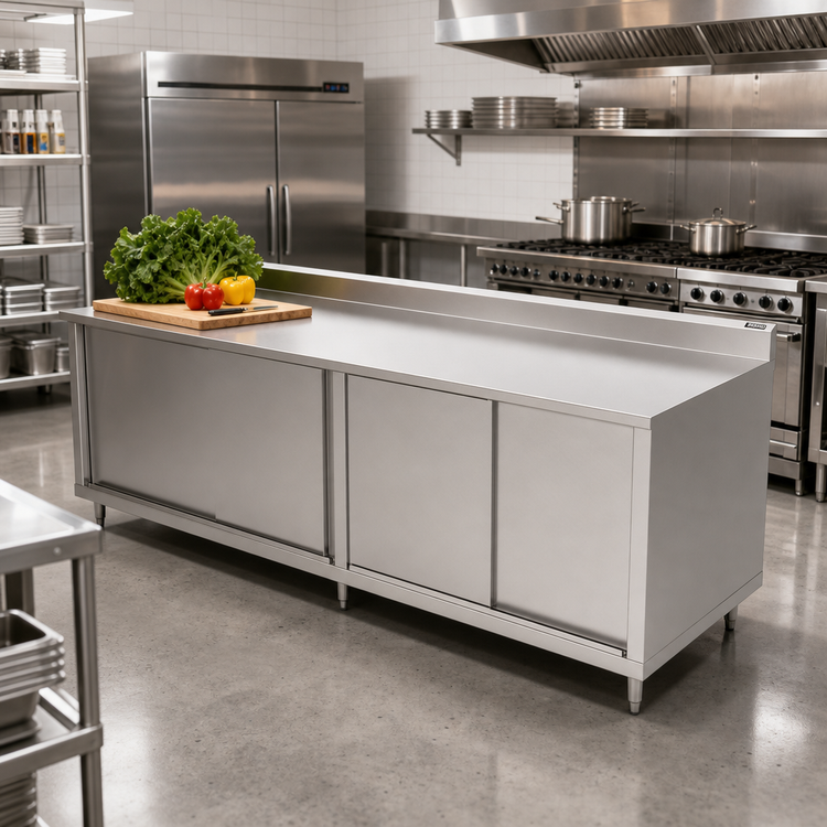 Product image #2 for John Boos Enclosed Work Table with Sliding Double Doors, 132 x 36 Inches, 16-Gauge 300-Series Stainless Steel Top, 5-Inch Backsplash
