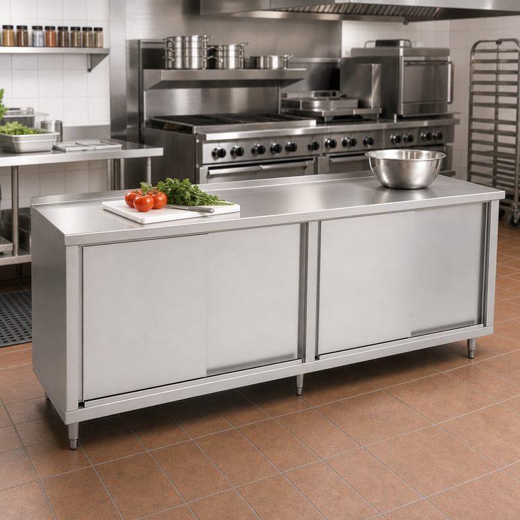 Product image #2 for John Boos Stainless Steel Enclosed Work Table with Sliding Doors, 108 x 30 Inch, 16-Gauge Top