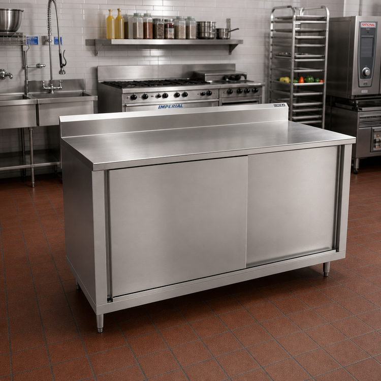Product image #2 for John Boos 84 Inch x 36 Inch Stainless Steel Enclosed Work Table with Sliding Doors and 5 Inch Backsplash