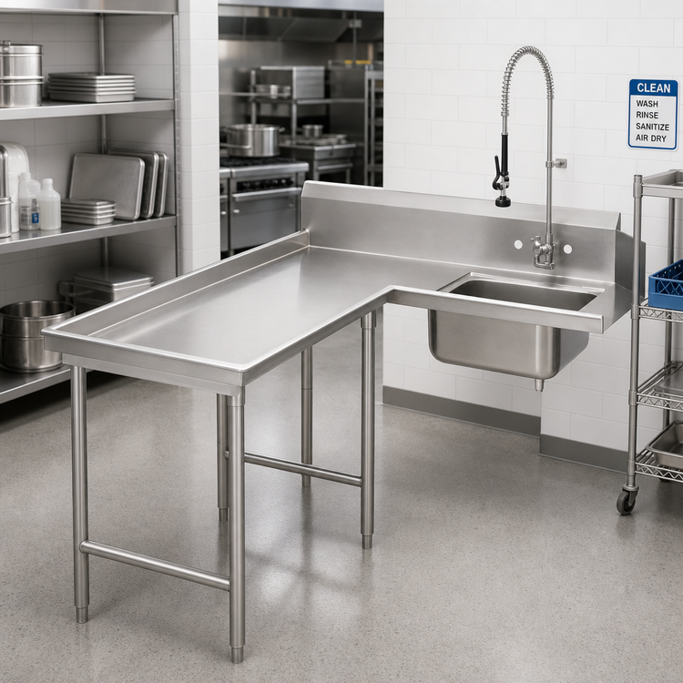Product image #2 for Advance Tabco Spec-Line L-Shaped Island Soil Dish Table with Pre-Rinse Sink, Left-Hand, 83-Inch, 304 Stainless Steel
