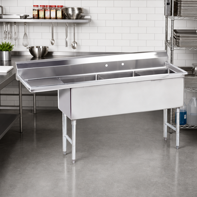 Product image #2 for Advance Tabco Fabricated 3-Compartment Sink with Left Drainboard, 30" x 24" x 14" Bowls, 14-Gauge 304 Stainless Steel