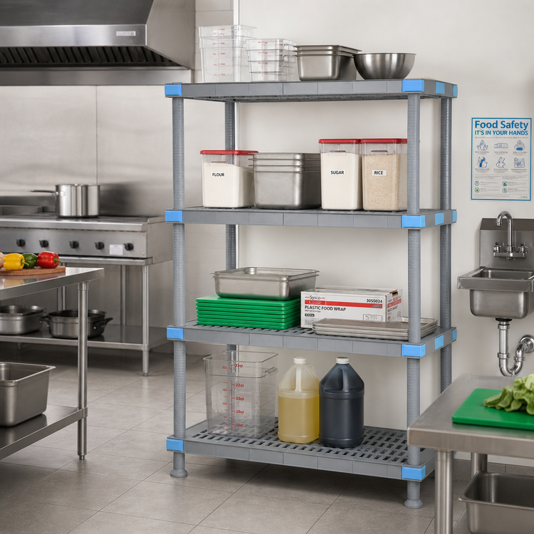 Product image #2 for Quantum Millenia 60-Inch W x 21-Inch D x 62-Inch H Polymer Shelving Unit with 4 Open Grid Shelves and Dunnage Stand