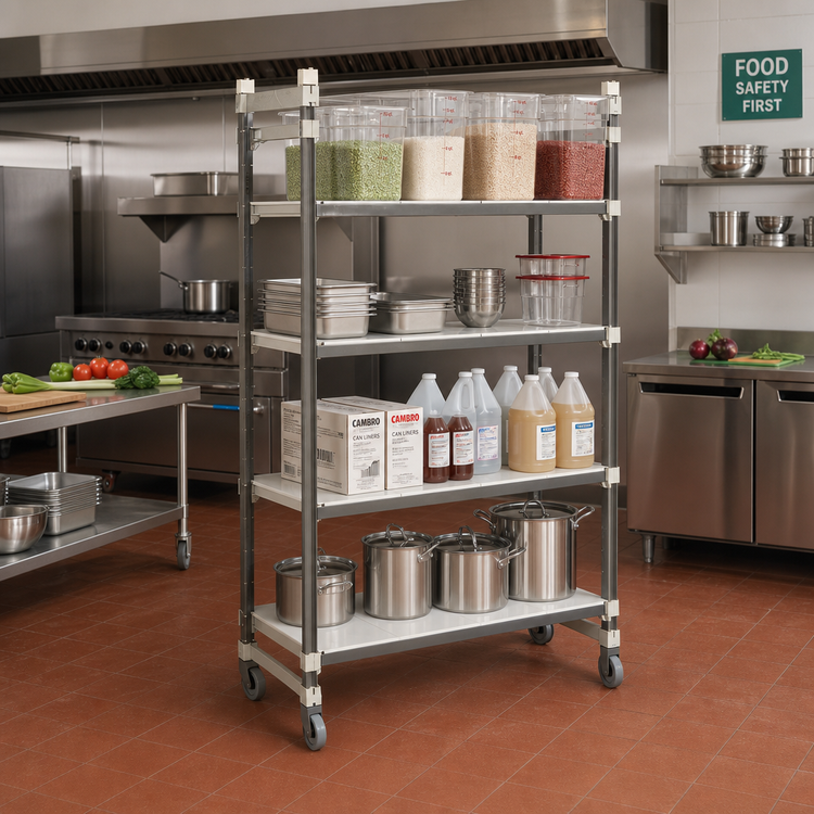 Product image #2 for Cambro Camshelving Elements XTRA High Density Top Rail 4-Shelf Solid Mobile Starter Unit, 24 x 42 x 80 Inches
