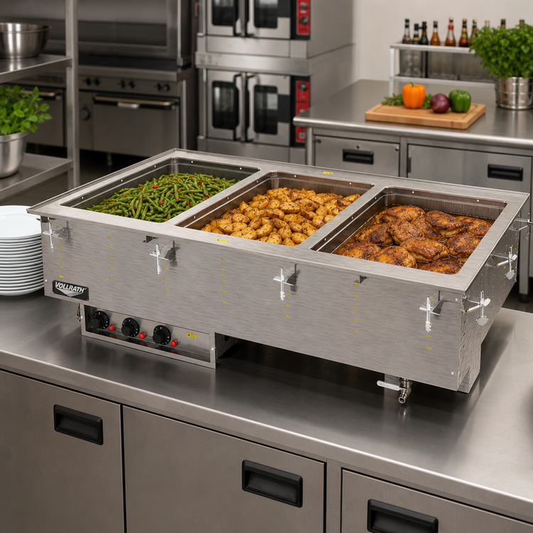 Product image #2 for Vollrath Three-Well Electric Hot Food Well Drop-In with Marine-Grade Insulated Wells, Thermostatic Controls, and Manifold Drain
