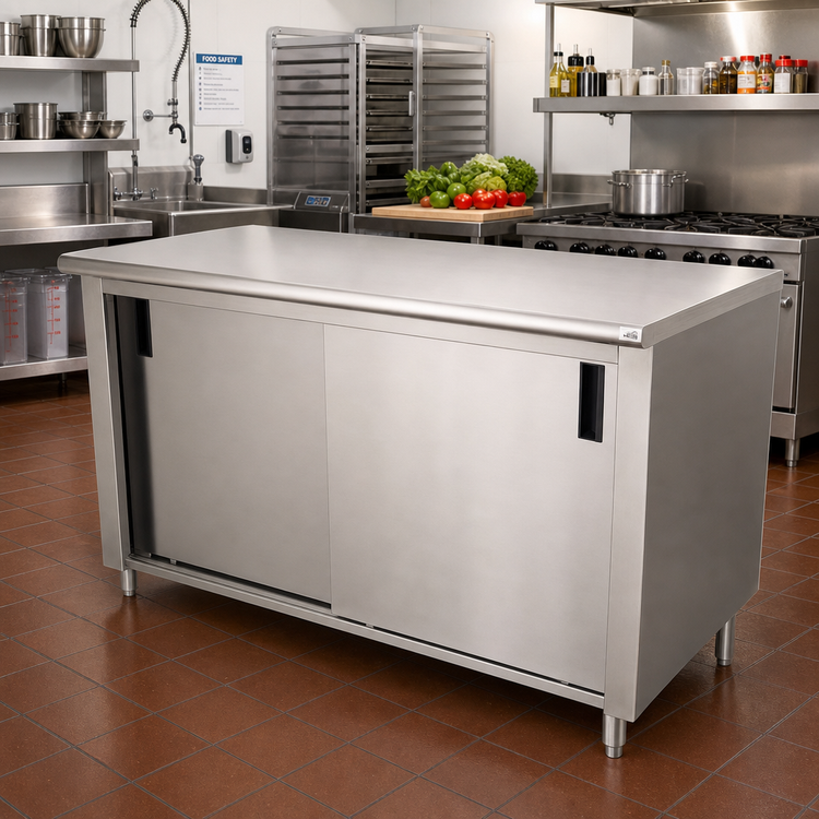 Product image #2 for Advance Tabco 72" x 36" Enclosed Stainless Steel Work Table with Cabinet Base, Mid-Shelf and Sliding Doors