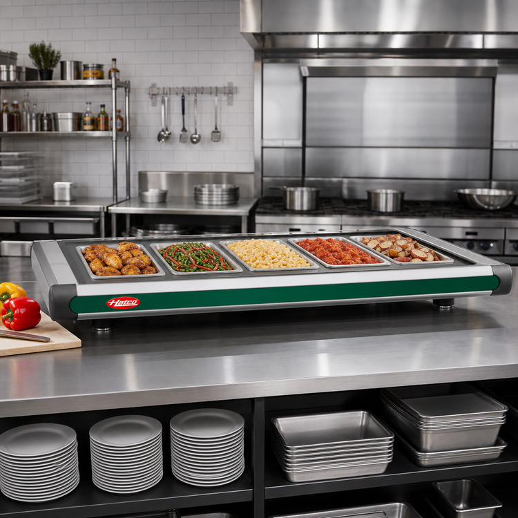 Product image #2 for Hatco Glo-Ray Designer Freestanding Portable Heated Shelf, 78.25 Inch Wide, 5 Full-Size Pan Capacity