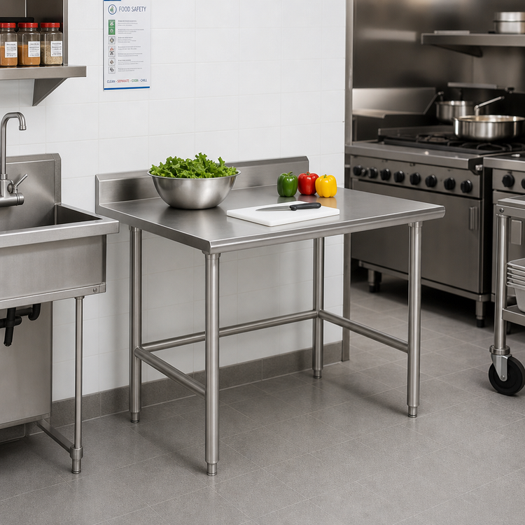 Product image #2 for Advance Tabco Corner Stainless Steel Work Table, 30 x 24 Inches, 14-Gauge 304 Top, 5-Inch Backsplash