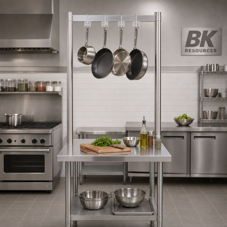Product image #2 for BK Resources 60-Inch Stainless Steel Adjustable Table-Mount Pot Rack with 5 Double-Prong Hooks