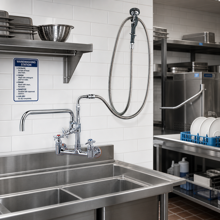 Product image #2 for Big-Flo 8-Inch Wall Mount Pre-Rinse Mixing Faucet with 12-Inch Swing Nozzle and 104-Inch Hose