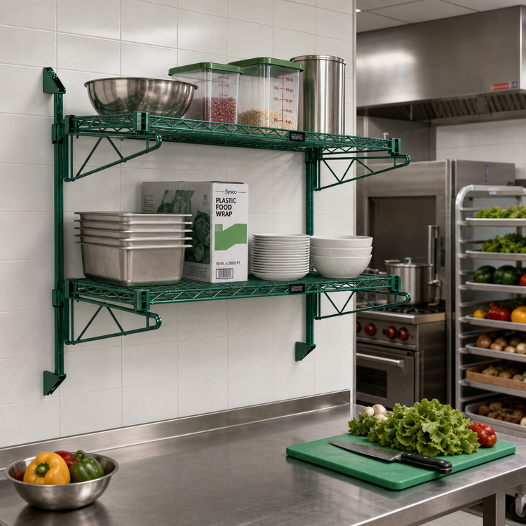 Product image #2 for Quantum Wall-Mount Cantilever Double Shelf Wire Shelving Unit, 36 x 21 Inches, Green Epoxy