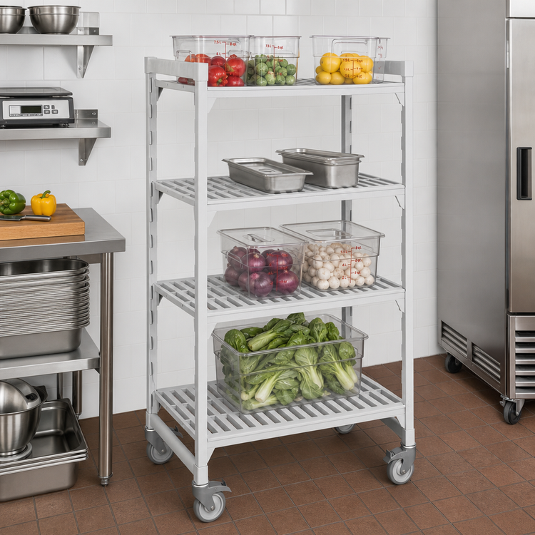 Product image #3 for Cambro Camshelving Premium 4-Shelf Vented Mobile Starter Shelving Unit, 21" x 36" x 67-1/4", Speckled Gray