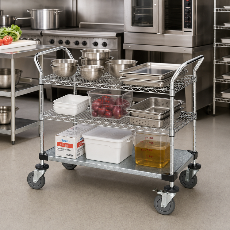 Product image #2 for Quantum 3-Shelf Utility Bus Cart with Chrome Wire and Galvanized Shelf, 42 x 24 Inches