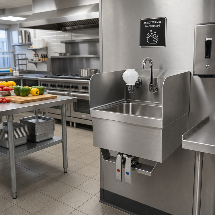 Product image #2 for Wall-Mount Stainless Steel Hand Wash Sink with Knee Pedal Valves, Faucet, Soap Dispenser and Side Splashes