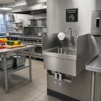 Thumbnail image #2 for Klinger's Trading SPKNEE-SPKVHS-1000 Wall-Mounted Stainless Steel Hand Wash Sink with Knee Pedal Valves, Faucet, Soap Dispenser & Side Splashes