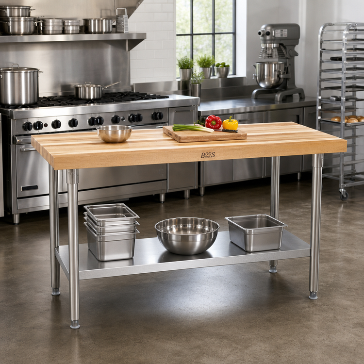 Product image #2 for John Boos 84-Inch x 24-Inch Northern Hard Rock Maple Wood Top Work Table with Stainless Steel Legs and Adjustable Undershelf