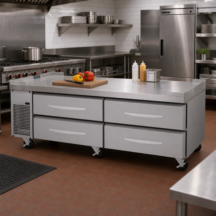 Product image #2 for Turbo Air PRO Series Two-Section Refrigerated Chef Base with Flat Top and 4 Drawers, 84-1/8 Inch