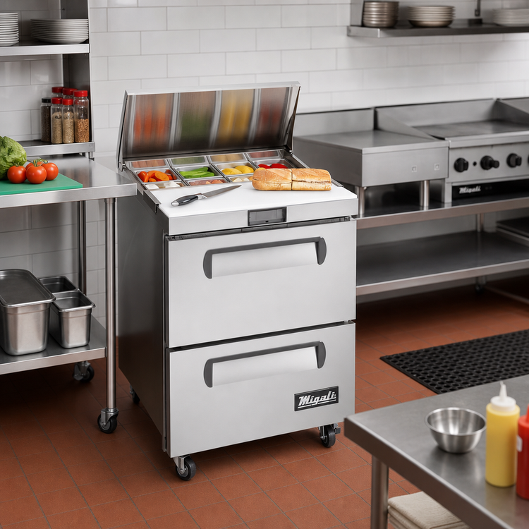Product image #3 for Migali 27 1/2 Inch Stainless Steel Refrigerated Sandwich Prep Table with 2 Drawers and 8-Pan Top