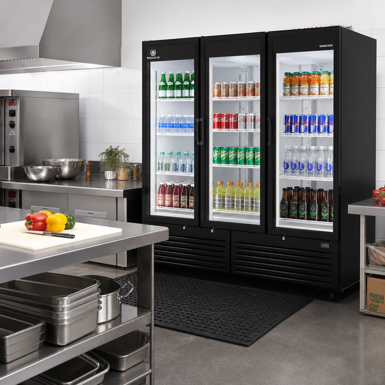 Product image #2 for Beverage-Air Marketeer MT72-1B Three-Section Reach-In Hinged Glass Door Refrigerated Merchandiser, 66.3 Cu. Ft., Black
