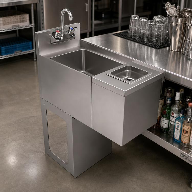 Product image #2 for BK Resources 12-Inch Underbar Stainless Steel Glass Rinser Hand Sink with Push Down Rinser and Lead-Free Faucet