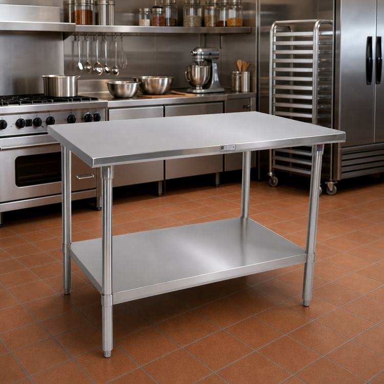 Product image #2 for John Boos Stallion 48-Inch x 30-Inch 16-Gauge 300 Series Stainless Steel Top Work Table with Adjustable Undershelf