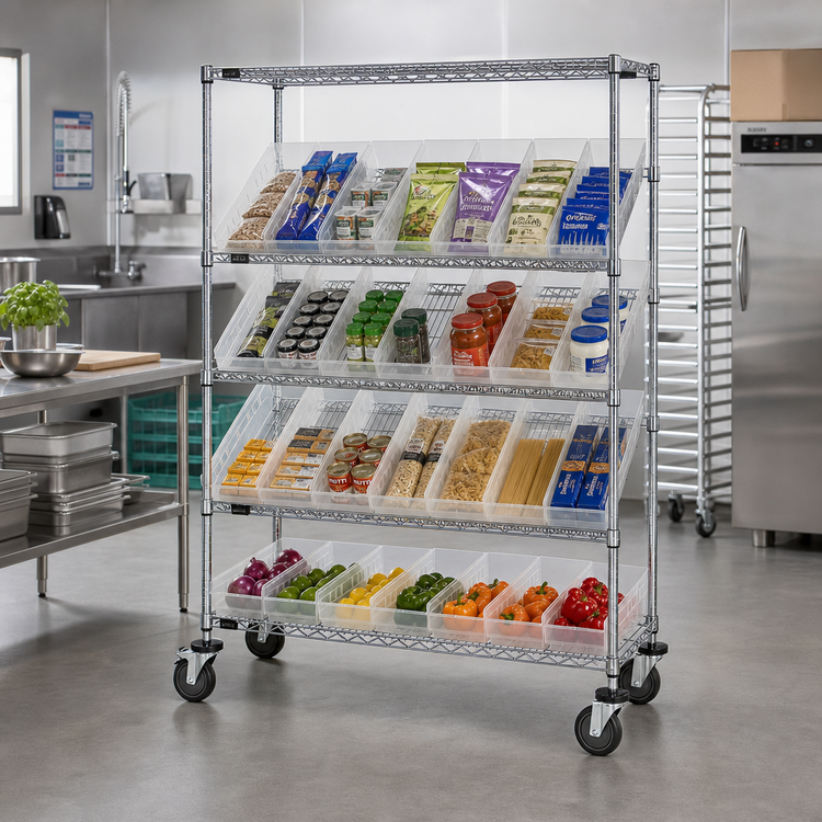 Product image #2 for Quantum Slanted Shelf Cart with 5 Shelves and 28 Clear Bins, Chrome Plated, 48" x 18" x 69"