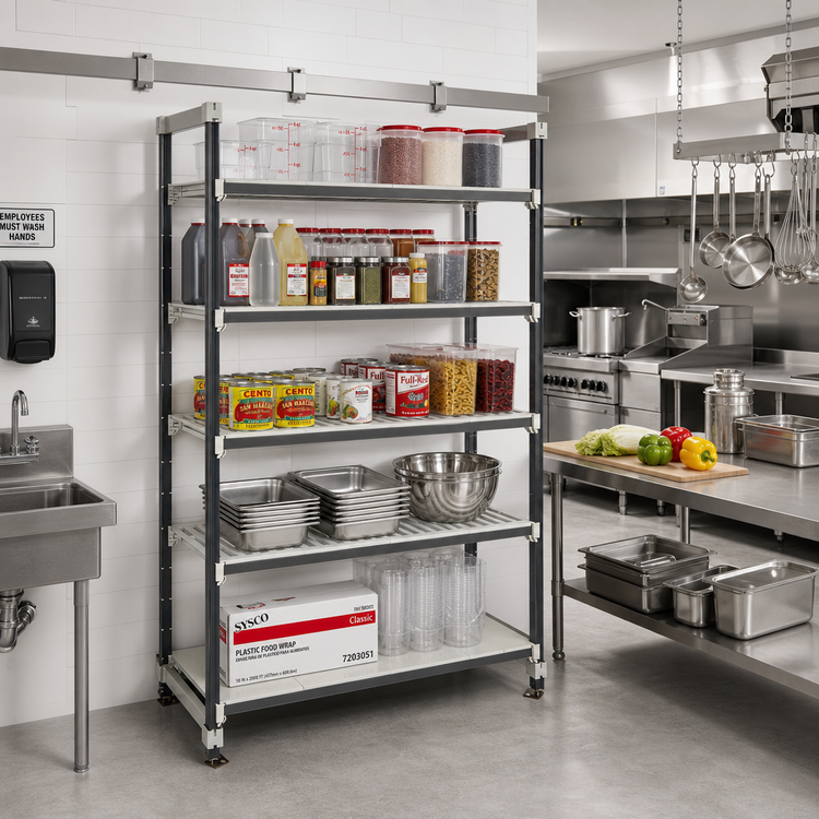 Product image #2 for Cambro Camshelving Elements XTRA High Density Top Rail Stationary Starter Unit, 48" x 21" x 81", 5-Tier Overhead Track Shelving