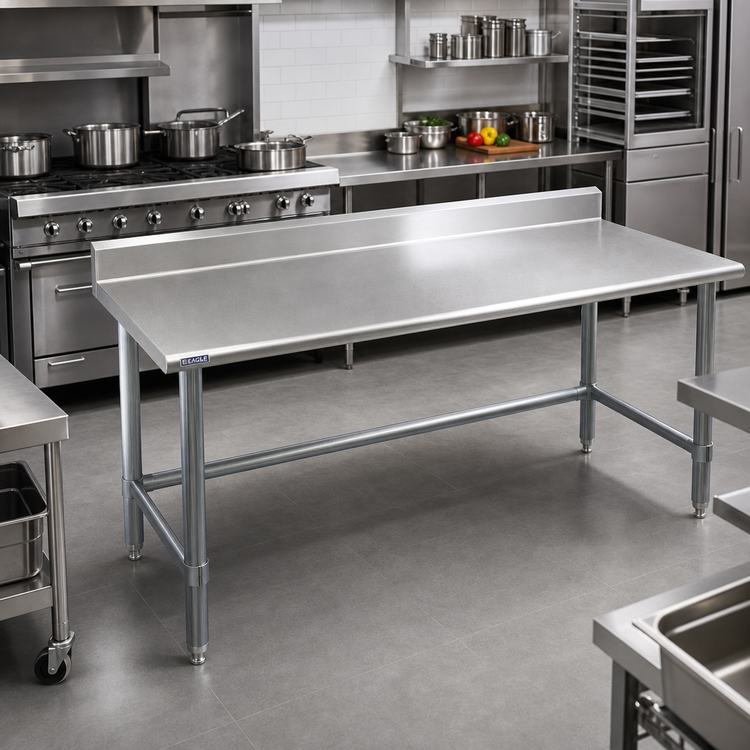 Product image #2 for Eagle Group Budget Series 144-Inch x 36-Inch Stainless Steel Work Table with 4-1/2-Inch Backsplash and Galvanized Tubular Base
