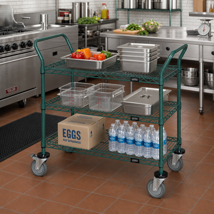 Product image #2 for Quantum WRC-2430P-3 Three-Shelf Wire Utility Bus Cart with U-Handles and Open Base